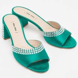 Miu Miu Green Satin Crystals Embellished Slide Sandals Size 38