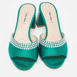 Miu Miu Green Satin Crystals Embellished Slide Sandals Size 38