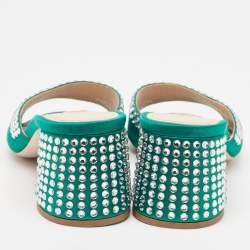 Miu Miu Green Satin Crystals Embellished Slide Sandals Size 38