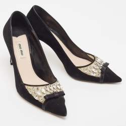 Miu Miu Black Suede and PVC Crystal Embellished Pointed Toe Pumps Size 38.5