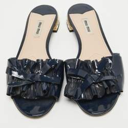 Pre Owned Miu Miu Navy Blue Patent Leather Flat Slides Size 39
