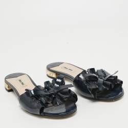 Pre Owned Miu Miu Navy Blue Patent Leather Flat Slides Size 39