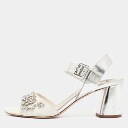Miu Miu White/Silver Leather Ankle Wrap Sandals Size 39