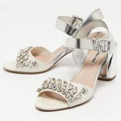 Miu Miu White/Silver Leather Ankle Wrap Sandals Size 39