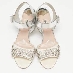 Miu Miu White/Silver Leather Ankle Wrap Sandals Size 39