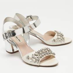 Miu Miu White/Silver Leather Ankle Wrap Sandals Size 39