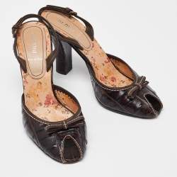 Pre Owned Miu Miu Dark Brown Croc Embossed Leather Bow Slingback Sandals 39