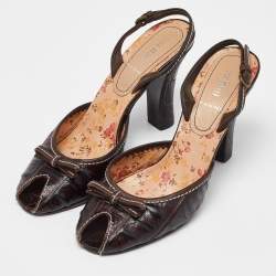 Pre Owned Miu Miu Dark Brown Croc Embossed Leather Bow Slingback Sandals 39