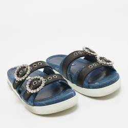 Miu Miu Navy Blue/Black Denim and Leather Crystal Embellished Flat Slides Size 37