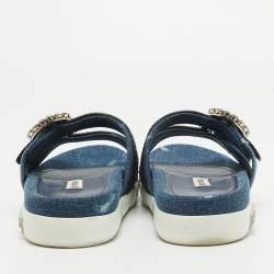 Miu Miu Navy Blue/Black Denim and Leather Crystal Embellished Flat Slides Size 37