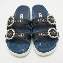 Miu Miu Navy Blue/Black Denim and Leather Crystal Embellished Flat Slides Size 37