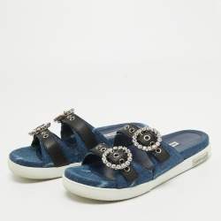 Miu Miu Navy Blue/Black Denim and Leather Crystal Embellished Flat Slides Size 37