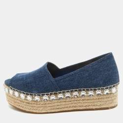 Pre Owned Miu Miu Blue Denim Crystal Embellished Platform Espadrille Flats Size 38
