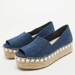 Pre Owned Miu Miu Blue Denim Crystal Embellished Platform Espadrille Flats Size 38