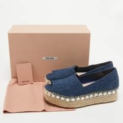 Pre Owned Miu Miu Blue Denim Crystal Embellished Platform Espadrille Flats Size 38