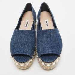 Pre Owned Miu Miu Blue Denim Crystal Embellished Platform Espadrille Flats Size 38