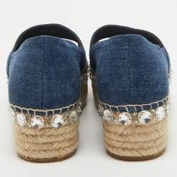 Pre Owned Miu Miu Blue Denim Crystal Embellished Platform Espadrille Flats Size 38
