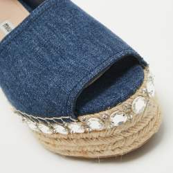 Pre Owned Miu Miu Blue Denim Crystal Embellished Platform Espadrille Flats Size 38