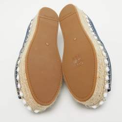 Pre Owned Miu Miu Blue Denim Crystal Embellished Platform Espadrille Flats Size 38