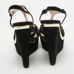 Miu Miu Black Suede T-Strap Platform Wedge Sandals Size 40