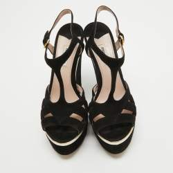 Miu Miu Black Suede T-Strap Platform Wedge Sandals Size 40