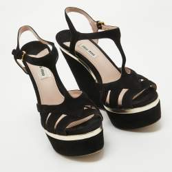 Miu Miu Black Suede T-Strap Platform Wedge Sandals Size 40