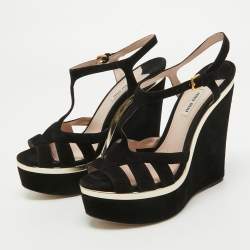 Miu Miu Black Suede T-Strap Platform Wedge Sandals Size 40