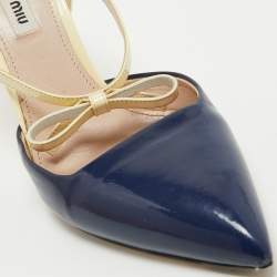 Pre Owned Miu Miu Navy Blue/Cream Patent Leather Bow Slingback Pumps Size 39