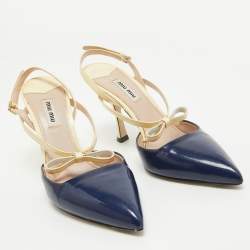 Pre Owned Miu Miu Navy Blue/Cream Patent Leather Bow Slingback Pumps Size 39