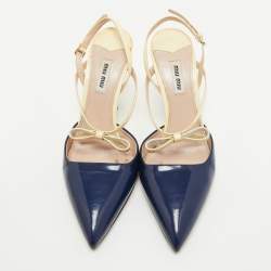 Pre Owned Miu Miu Navy Blue/Cream Patent Leather Bow Slingback Pumps Size 39