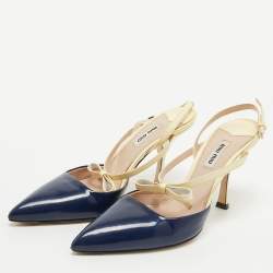 Pre Owned Miu Miu Navy Blue/Cream Patent Leather Bow Slingback Pumps Size 39