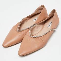 Miu Miu Beige Leather Crystal Embellished Smoking Slippers  Size 39