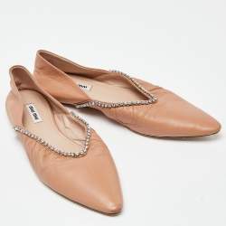 Miu Miu Beige Leather Crystal Embellished Smoking Slippers  Size 39