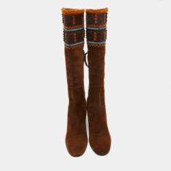Miu Miu Brown Suede Embellished Knee Length Boots Size 40.5 