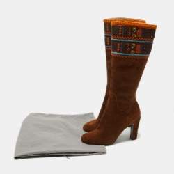 Miu Miu Brown Suede Embellished Knee Length Boots Size 40.5 
