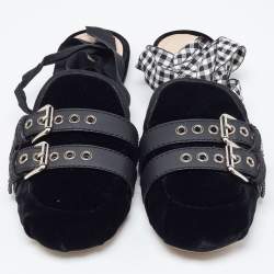 Miu Miu Black Velvet and Leather Strappy Flat Mules Size 42