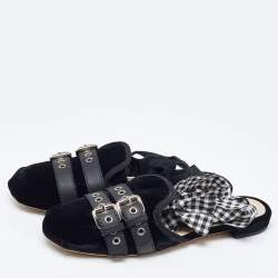 Miu Miu Black Velvet and Leather Strappy Flat Mules Size 42