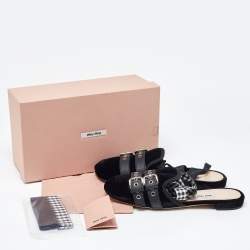 Miu Miu Black Velvet and Leather Strappy Flat Mules Size 42