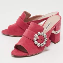 Pre Owned Miu Miu Pink Suede Crystal Embellished Block Heel Sandals Size 40