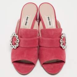 Pre Owned Miu Miu Pink Suede Crystal Embellished Block Heel Sandals Size 40