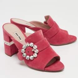 Pre Owned Miu Miu Pink Suede Crystal Embellished Block Heel Sandals Size 40