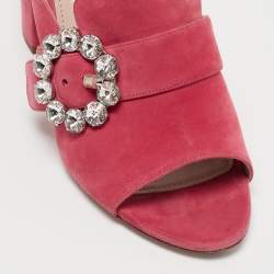 Pre Owned Miu Miu Pink Suede Crystal Embellished Block Heel Sandals Size 40