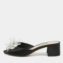 Miu Miu Black Satin Crystal Embellished Peep Toe Block Heel Slides Size 38