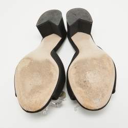Miu Miu Black Satin Crystal Embellished Peep Toe Block Heel Slides Size 38