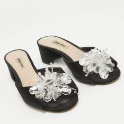 Miu Miu Black Satin Crystal Embellished Peep Toe Block Heel Slides Size 38