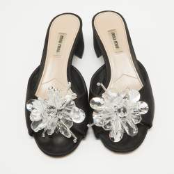 Miu Miu Black Satin Crystal Embellished Peep Toe Block Heel Slides Size 38