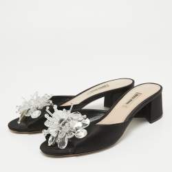 Miu Miu Black Satin Crystal Embellished Peep Toe Block Heel Slides Size 38