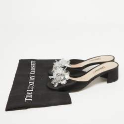 Miu Miu Black Satin Crystal Embellished Peep Toe Block Heel Slides Size 38