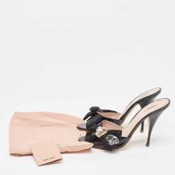 Miu Miu Black Patent Leather Crystal Embellished Bow Slide Sandals Size 39