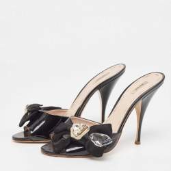 Miu Miu Black Patent Leather Crystal Embellished Bow Slide Sandals Size 39